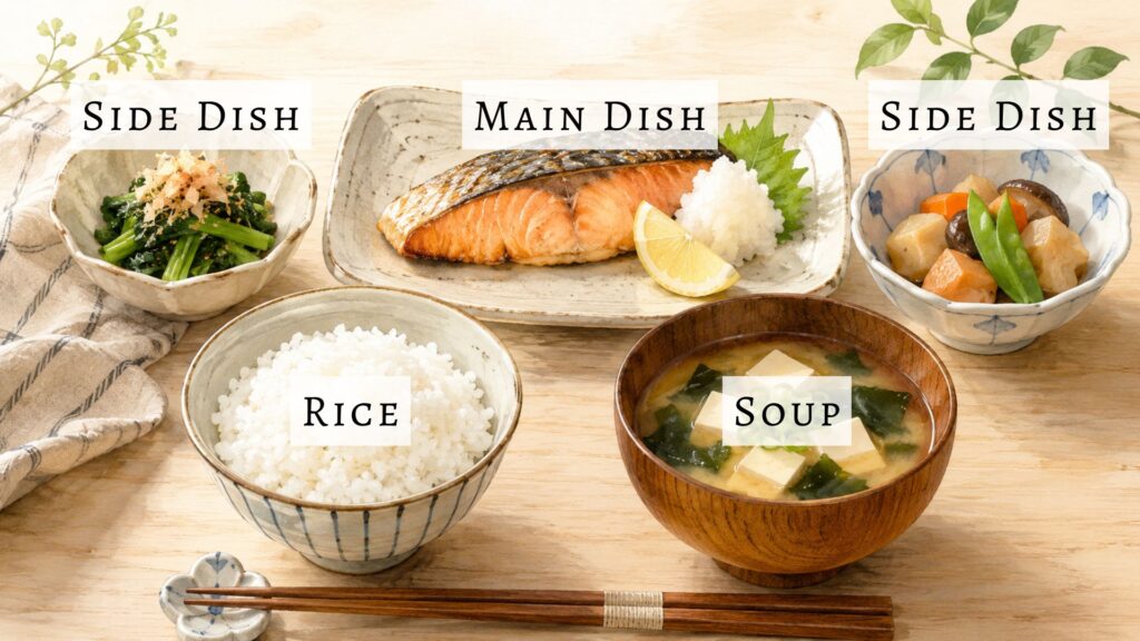 An illustrated diagram of ichiju-sansai, showing a Japanese meal with rice, soup, one main dish, and two side dishes.