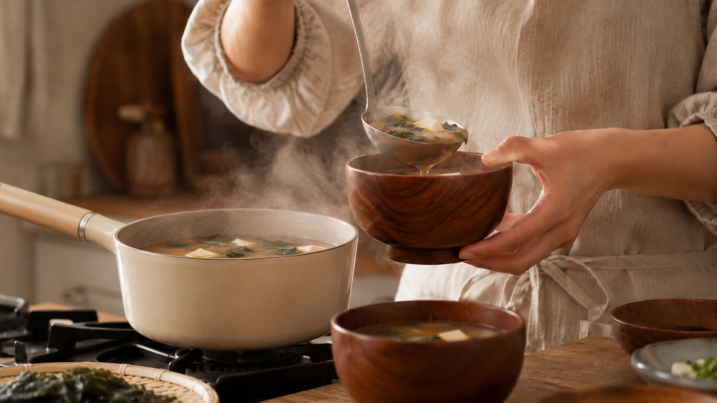 A person ladling hot miso soup into a wooden bowl in a cozy Japanese home kitchen.