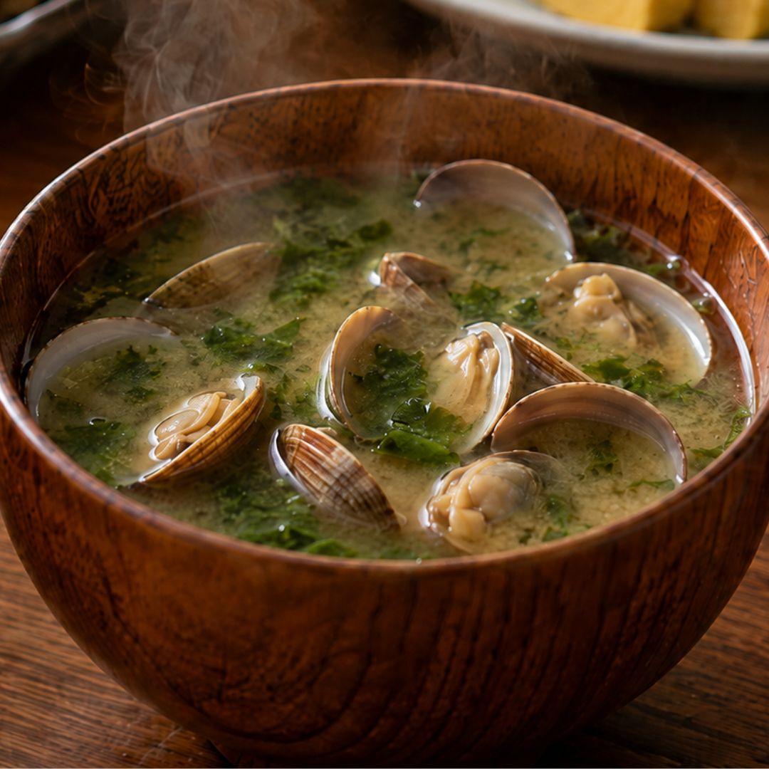 Miso soup with asari clams and aonori seaweed served in a wooden bowl.
