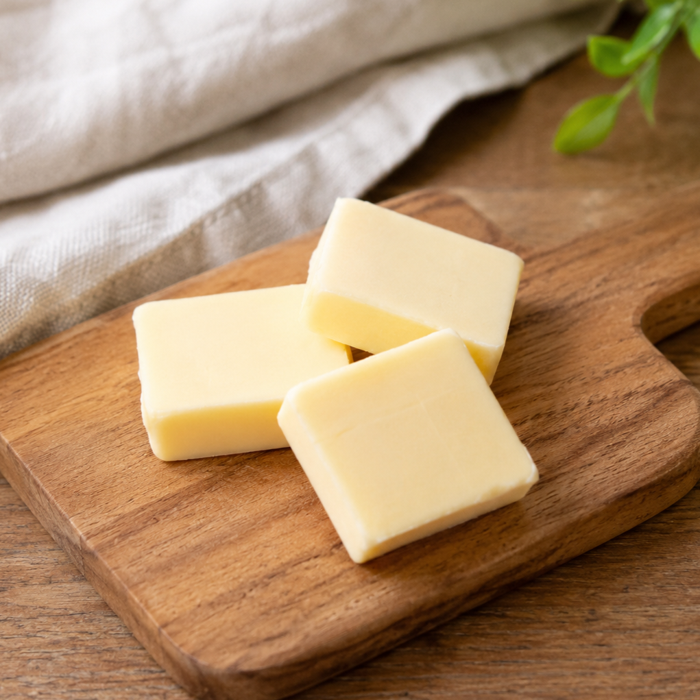 Small pats of butter arranged on a wooden cutting board.