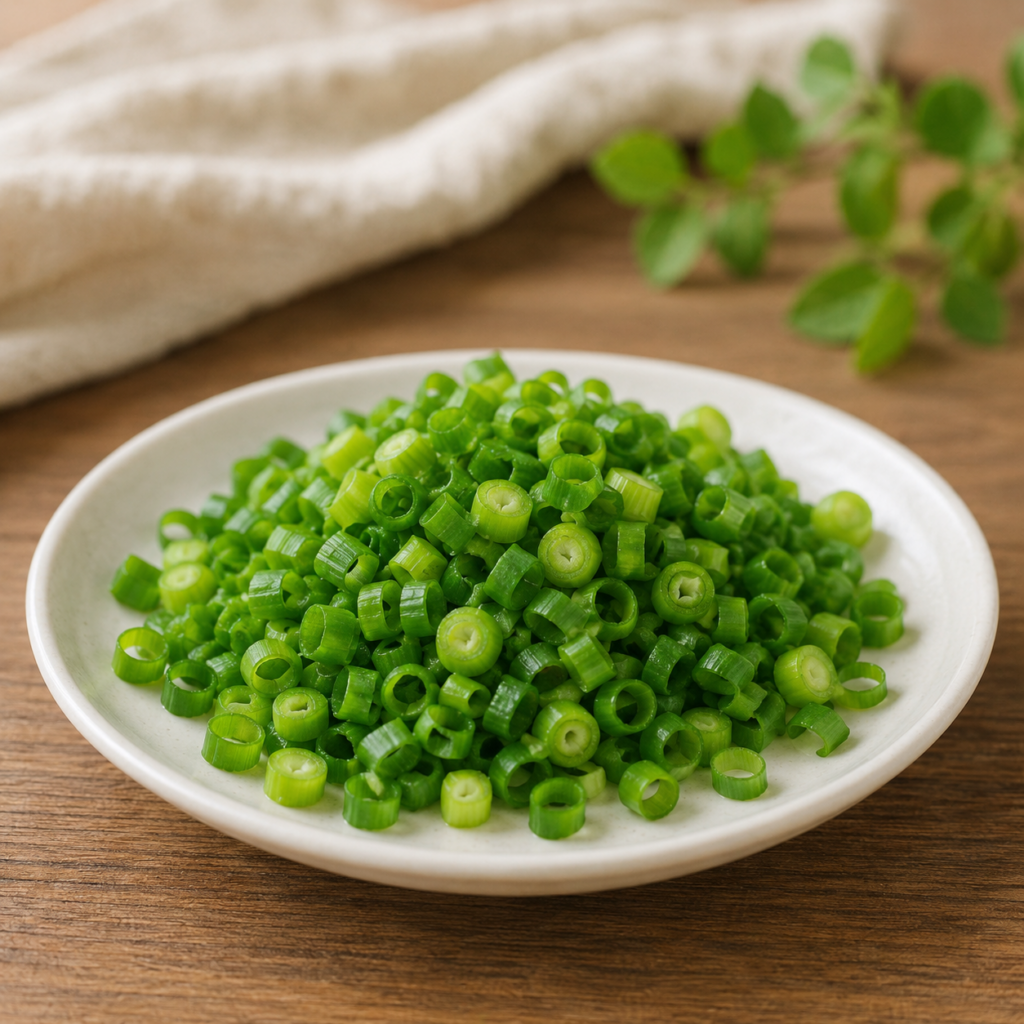 Chopped green onion in a small ceramic dish on a wooden table.