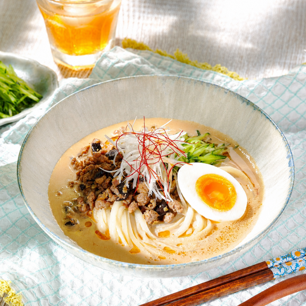 Cold tantanmen udon with creamy sesame soup, seasoned ground pork, cucumber, Japanese leek, and a soft-boiled egg