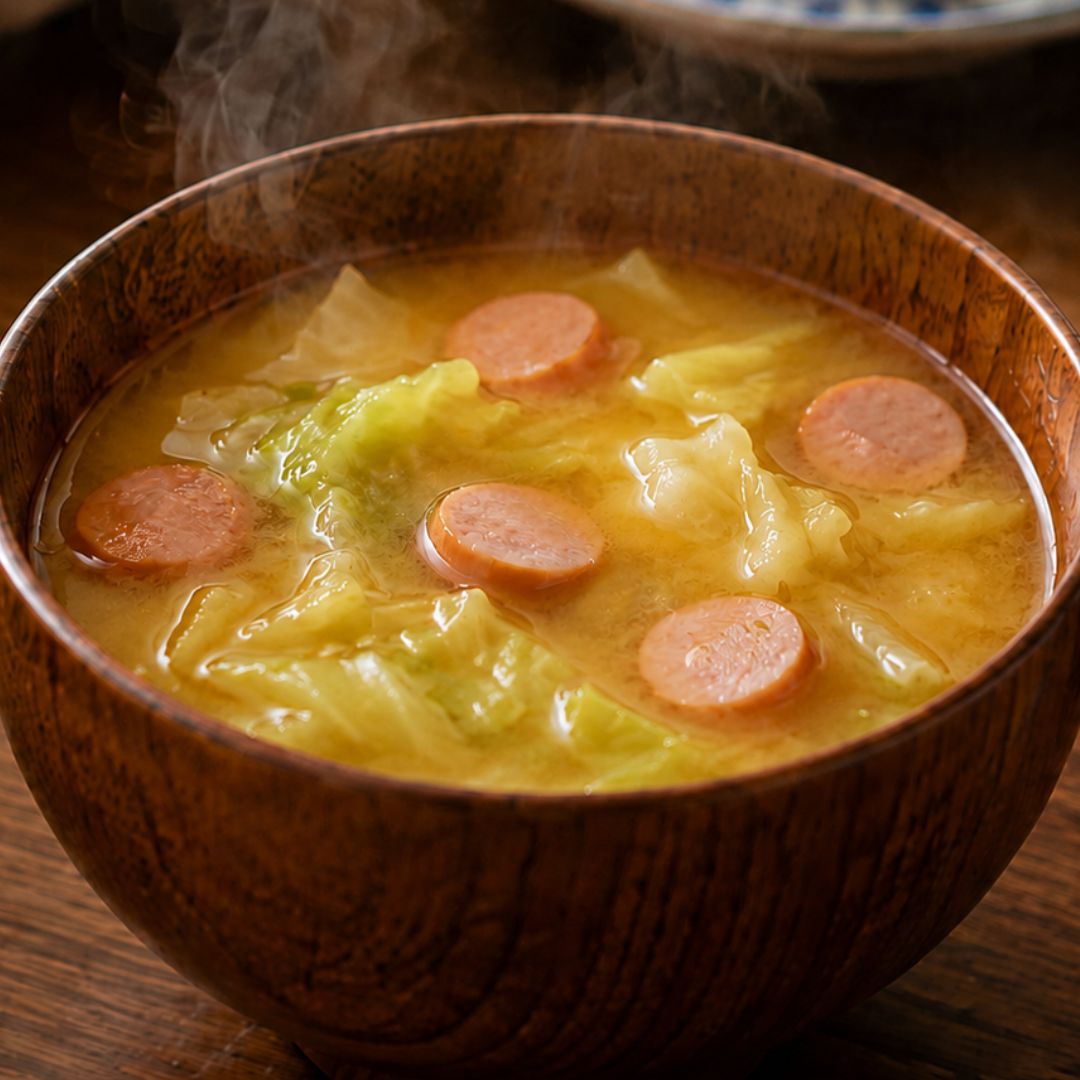 Curry-flavored miso soup with cabbage and sliced wiener sausage served in a wooden bowl.