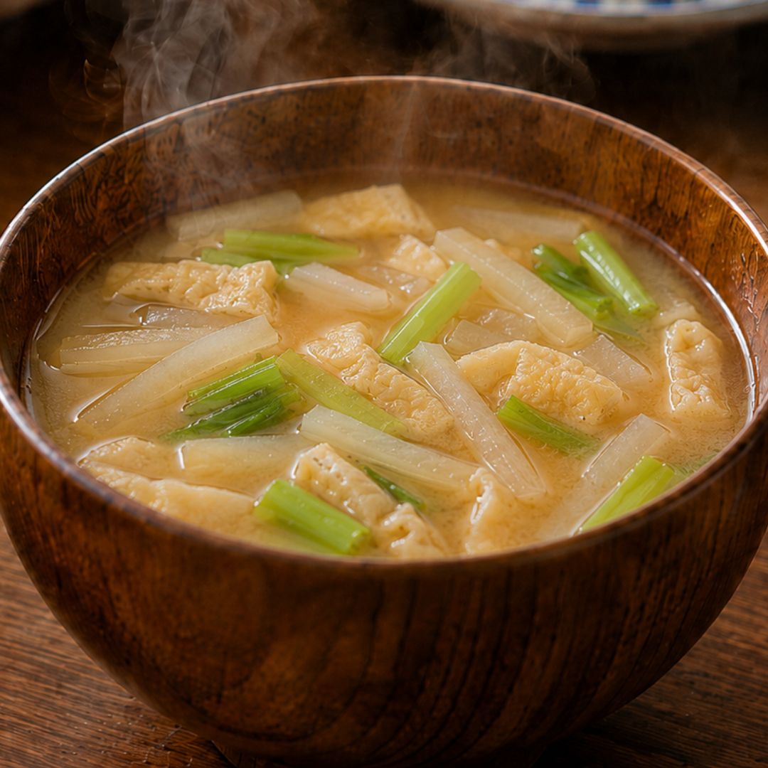 Miso soup with daikon radish, aburaage, and daikon greens served in a wooden bowl.