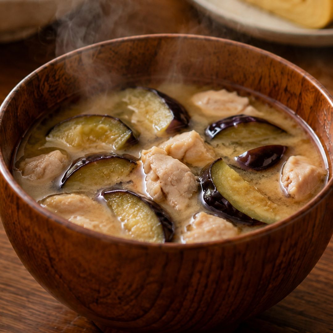 Miso soup with fried eggplant and chicken thigh served in a wooden bowl.