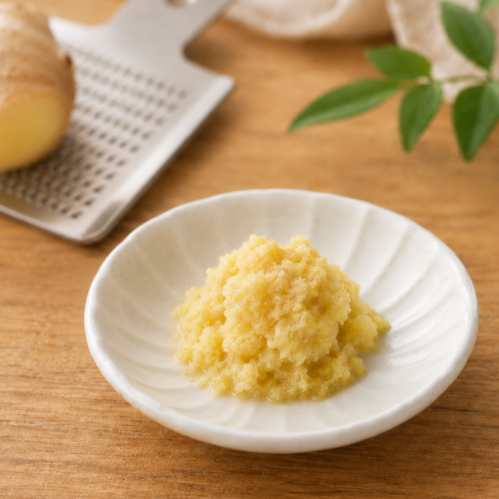 Freshly grated ginger in a ceramic dish with a Japanese grater in the background.