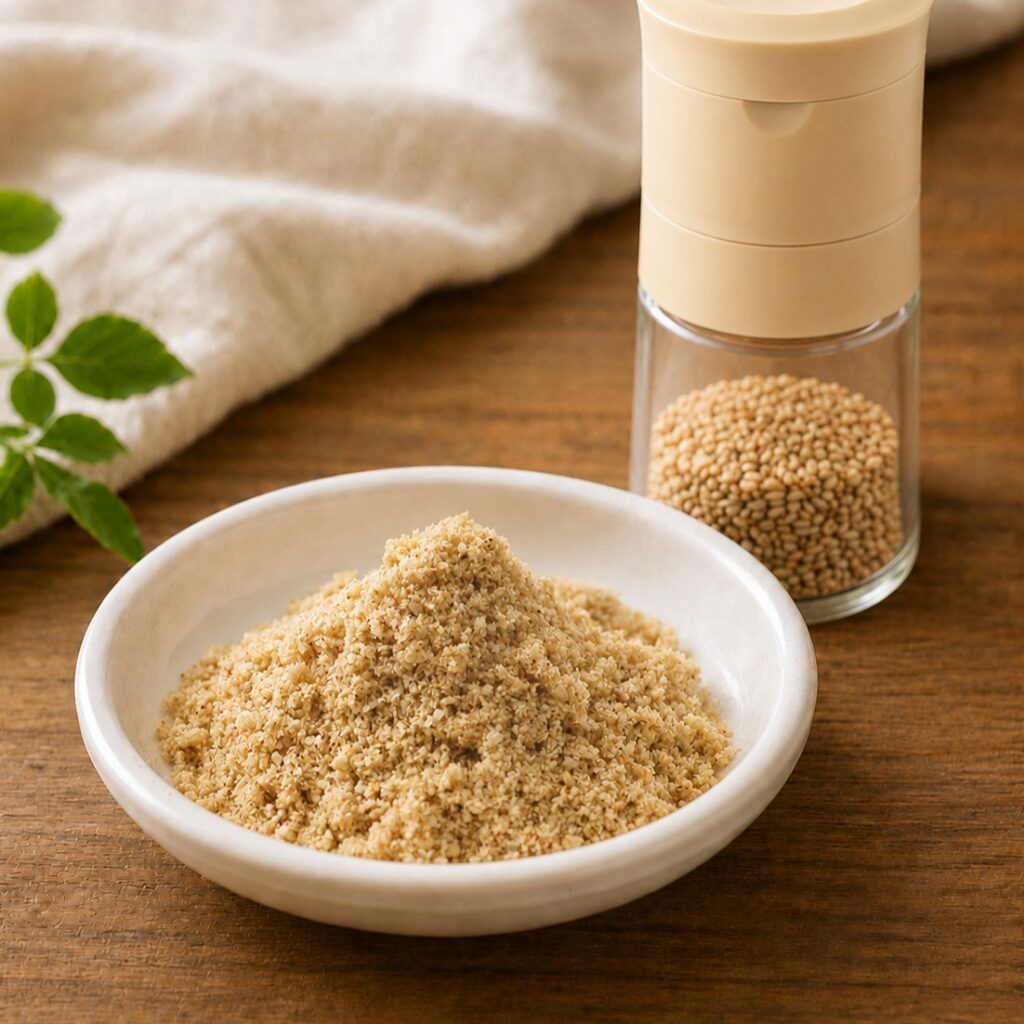 Ground white sesame seeds in a ceramic dish with a sesame mill in the background.