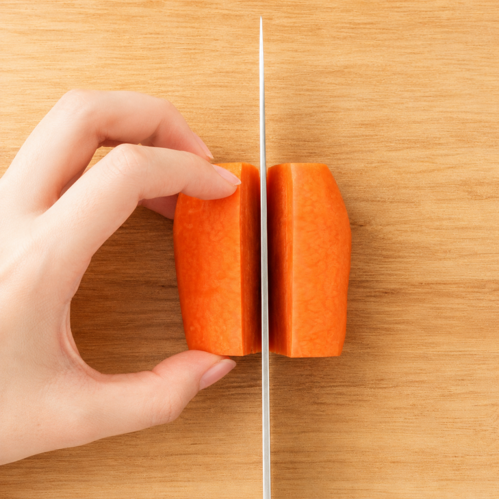 Carrot being cut in half lengthwise on a wooden cutting board