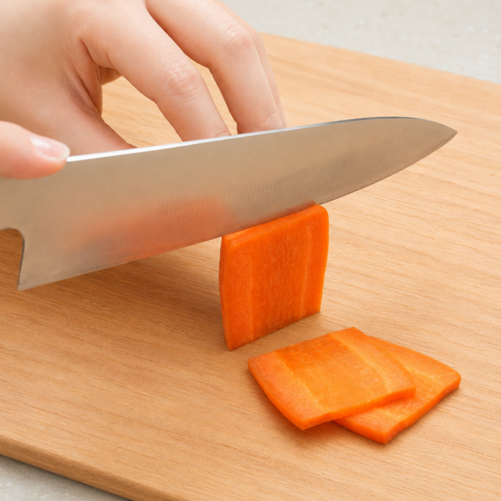 Carrot being cut into thin planks as the first step of the hosogiri technique