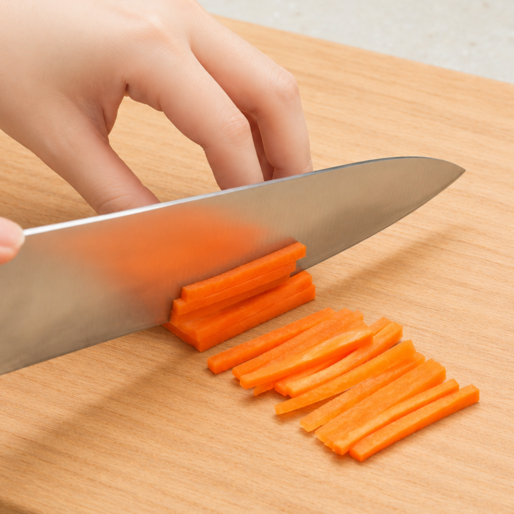 Carrot being cut into thin strips using the hosogiri technique