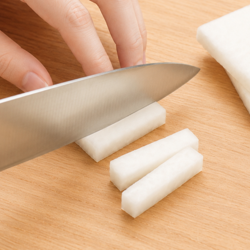 Daikon planks being cut into even batons on a wooden cutting board