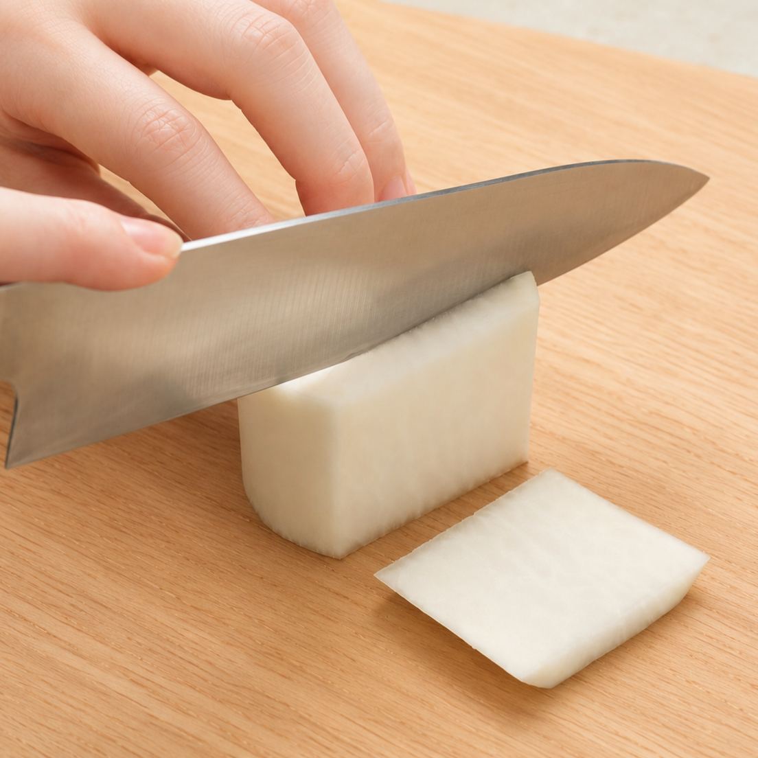 Daikon being cut into thick planks on a wooden cutting board