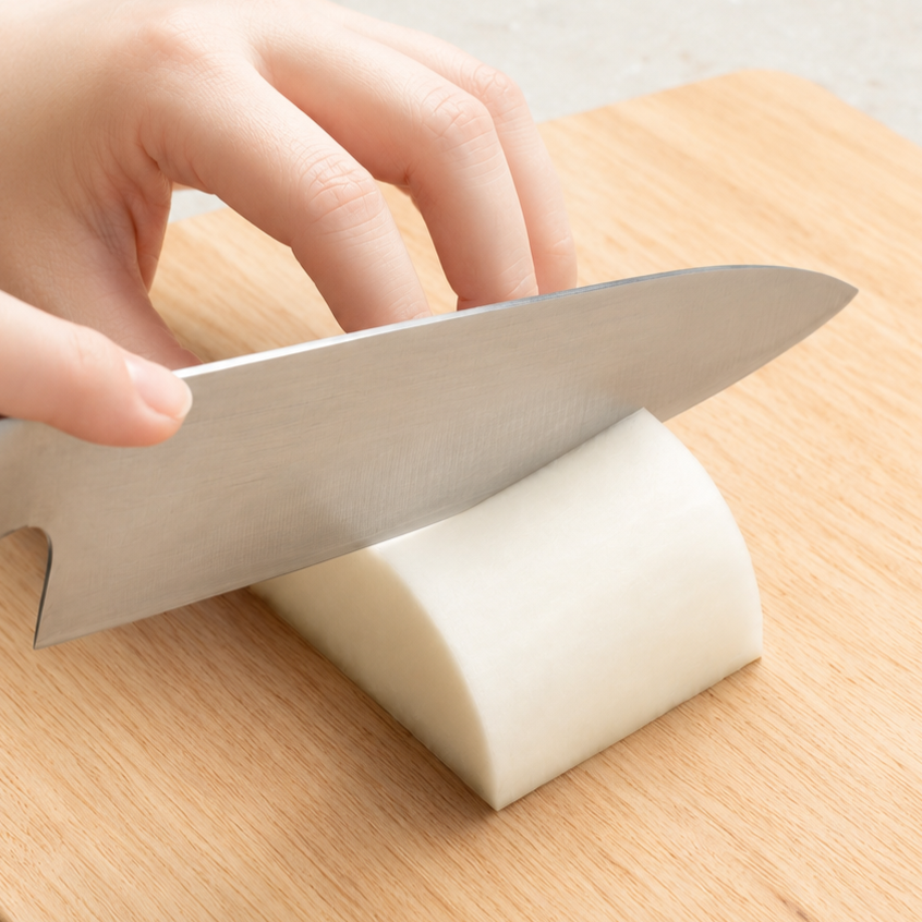 Daikon being cut lengthwise into quarters on a wooden cutting board