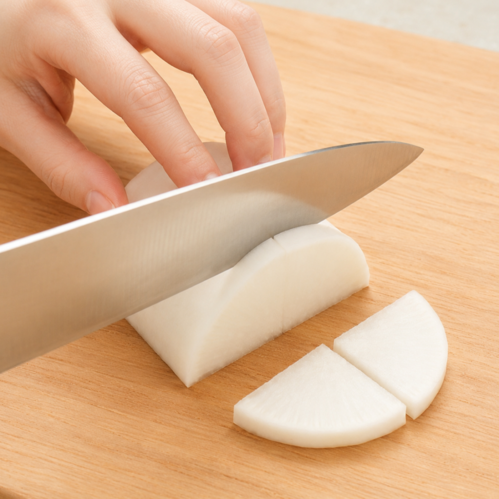 Daikon cut into quarter-round slices on a wooden cutting board
