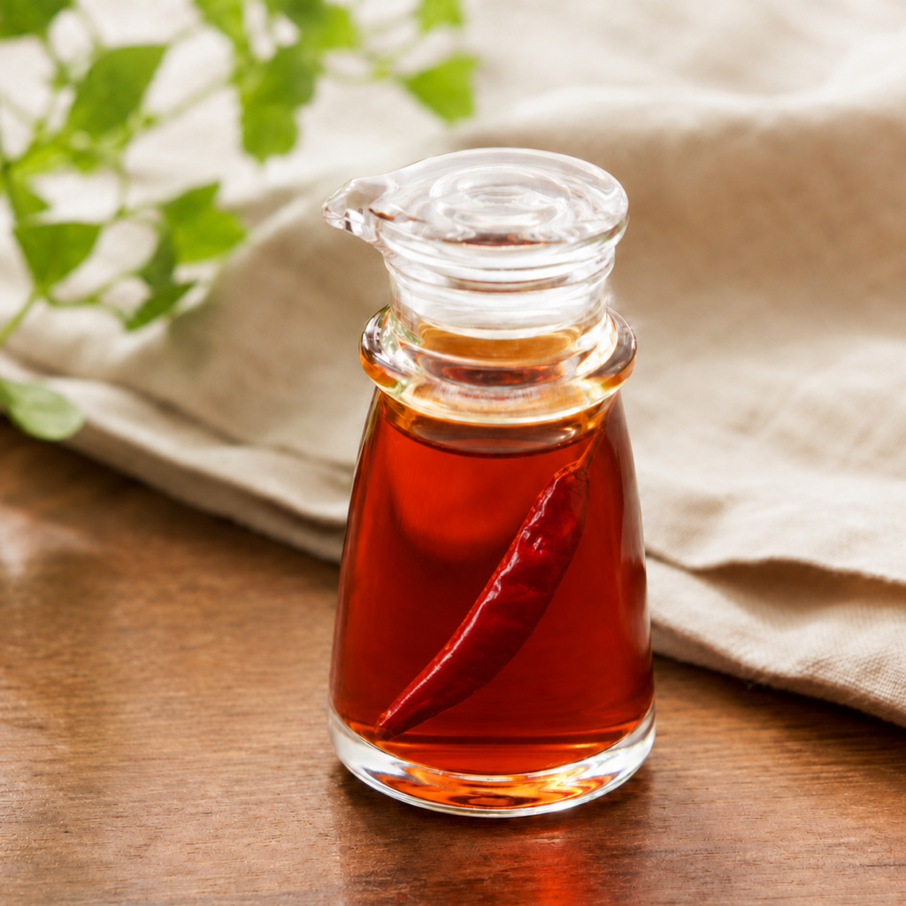 Japanese chili oil in a small clear glass bottle with a dried red chili pepper inside.