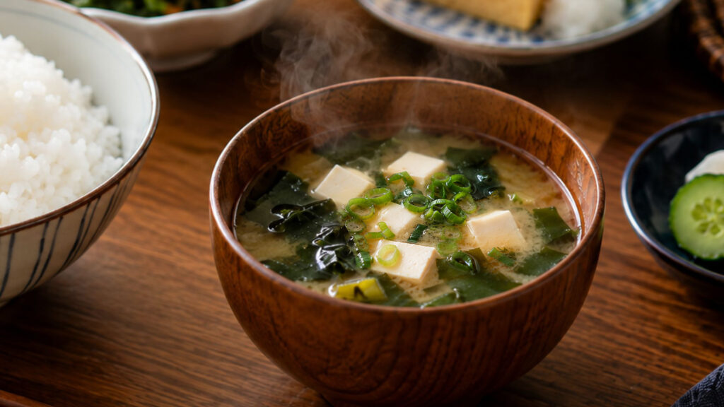 A bowl of miso soup with tofu, wakame seaweed, and green onions, served with rice and pickles as part of a Japanese home meal.