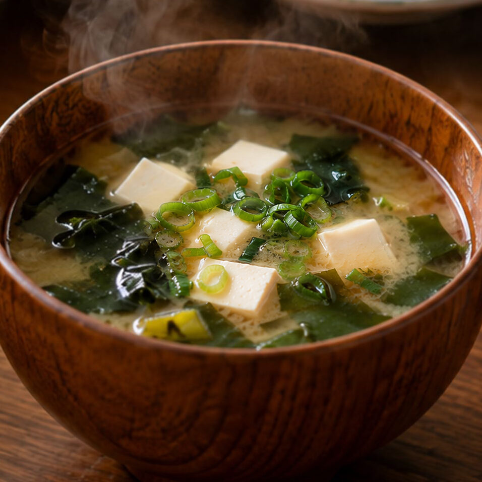 A bowl of miso soup with tofu, wakame seaweed, and green onions, served with rice and pickles as part of a Japanese home meal.