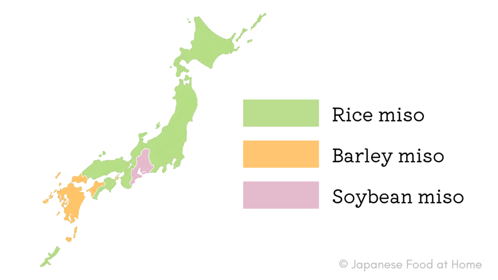 A simplified map showing the general regional distribution of rice miso, barley miso, and soybean miso in Japan.