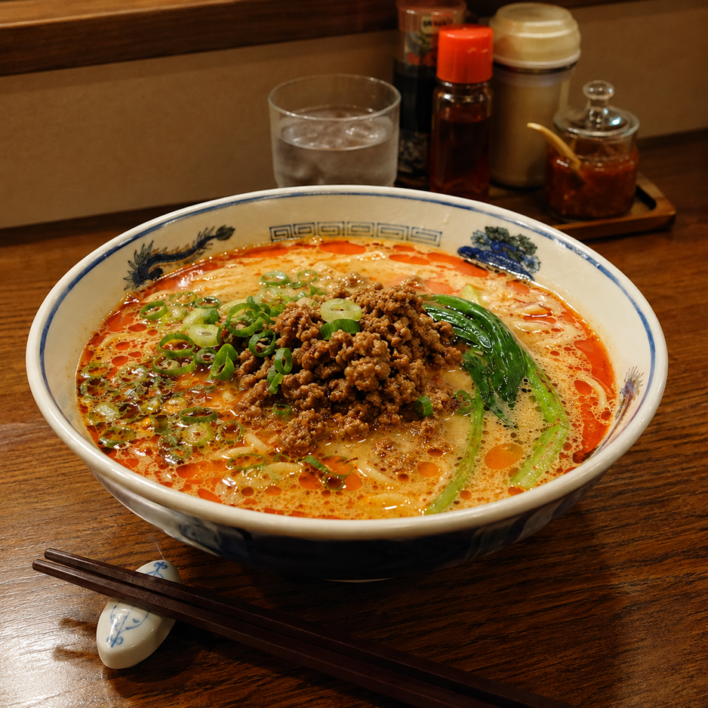 Japanese-style tantanmen with creamy sesame broth, chili oil, seasoned ground pork, green onions, and leafy greens