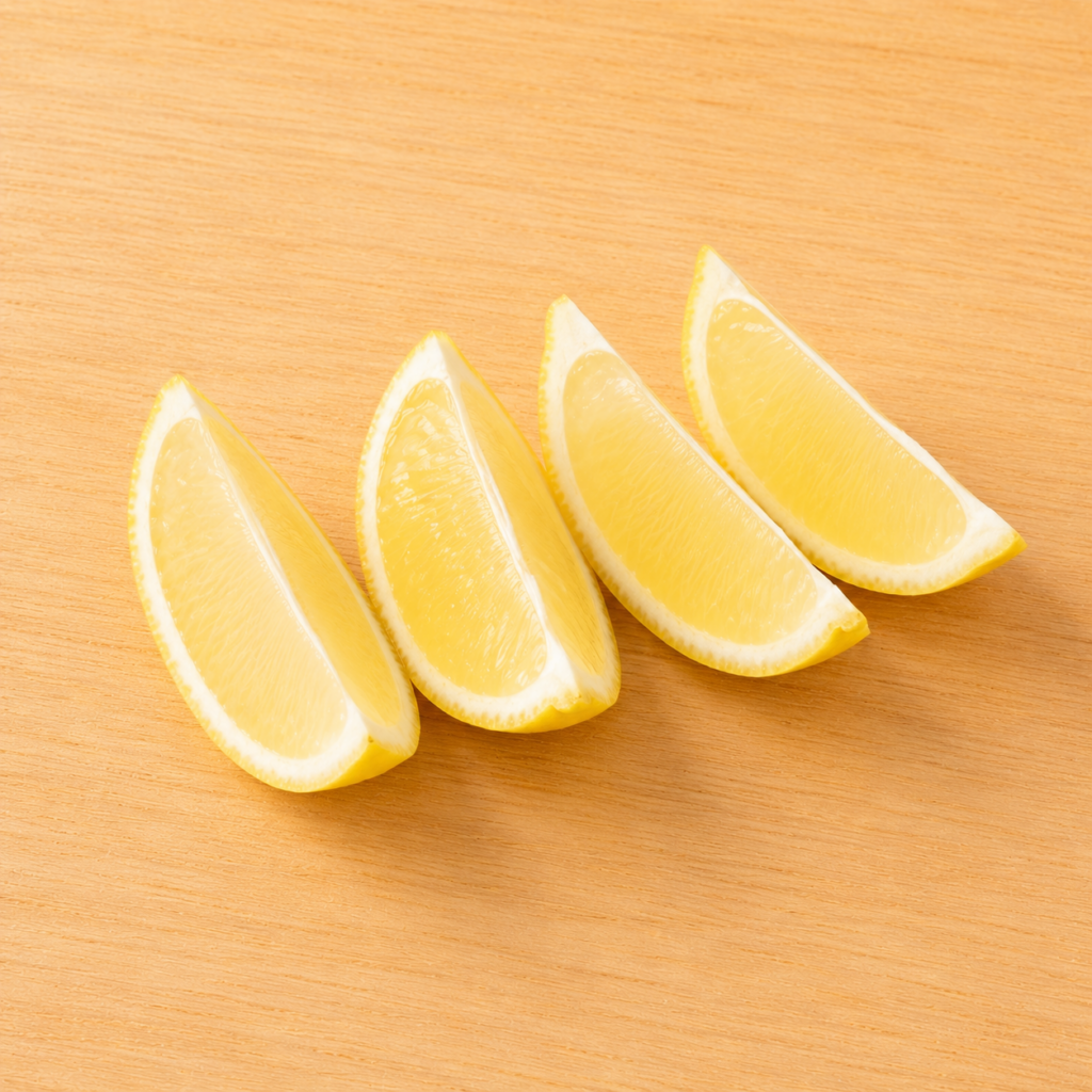 Lemon cut into wedges on a wooden cutting board