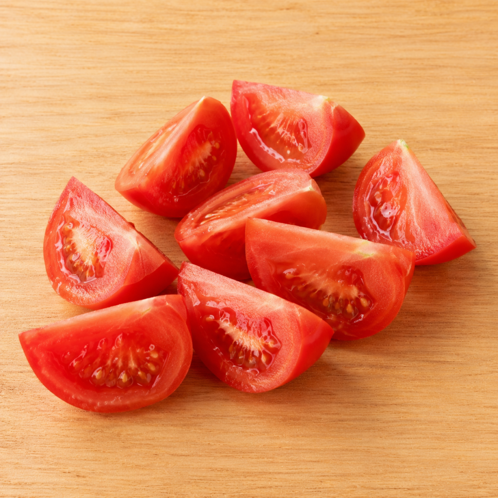 Tomato cut into wedges on a wooden cutting board