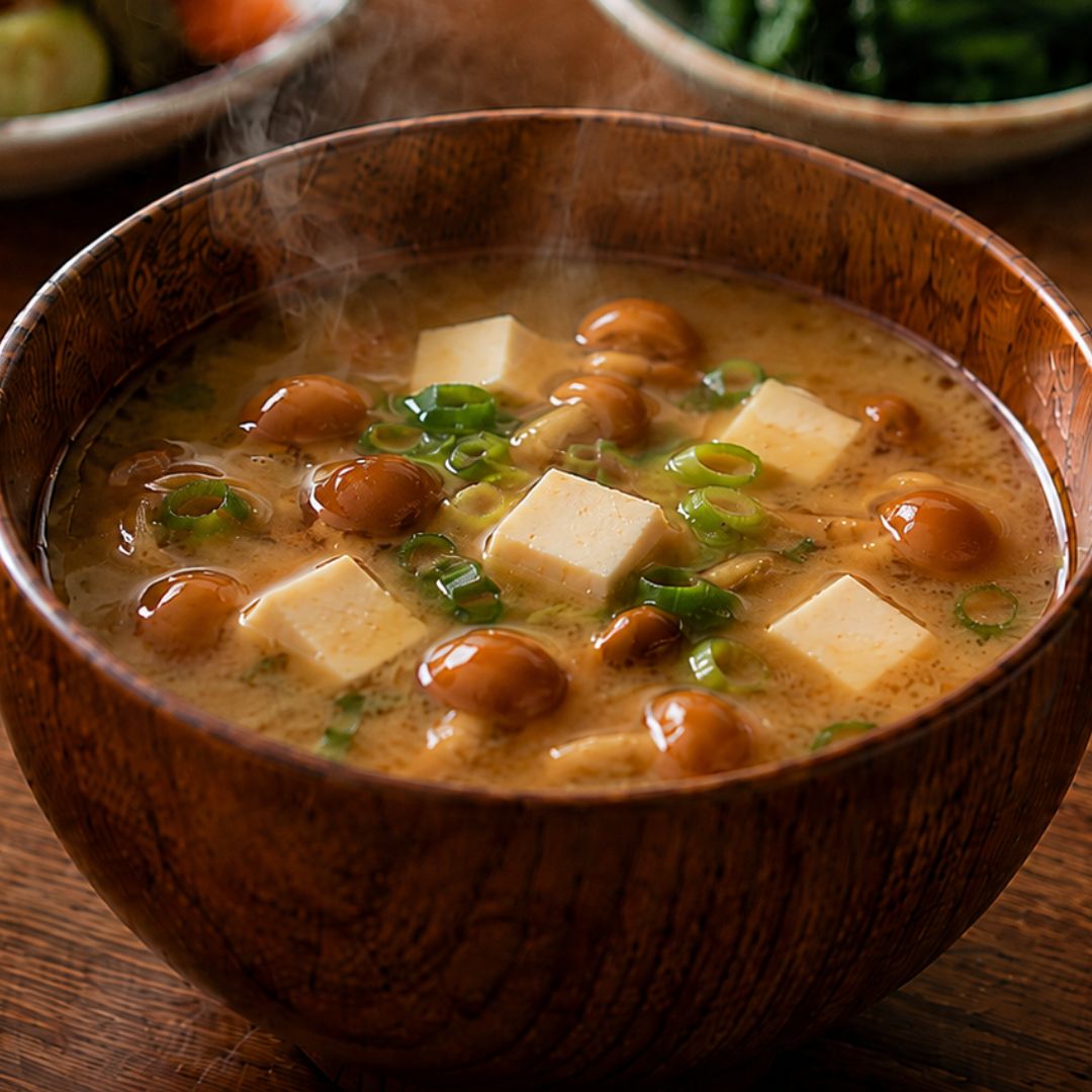 Miso soup with nameko mushrooms, tofu, and green onion served in a wooden bowl.