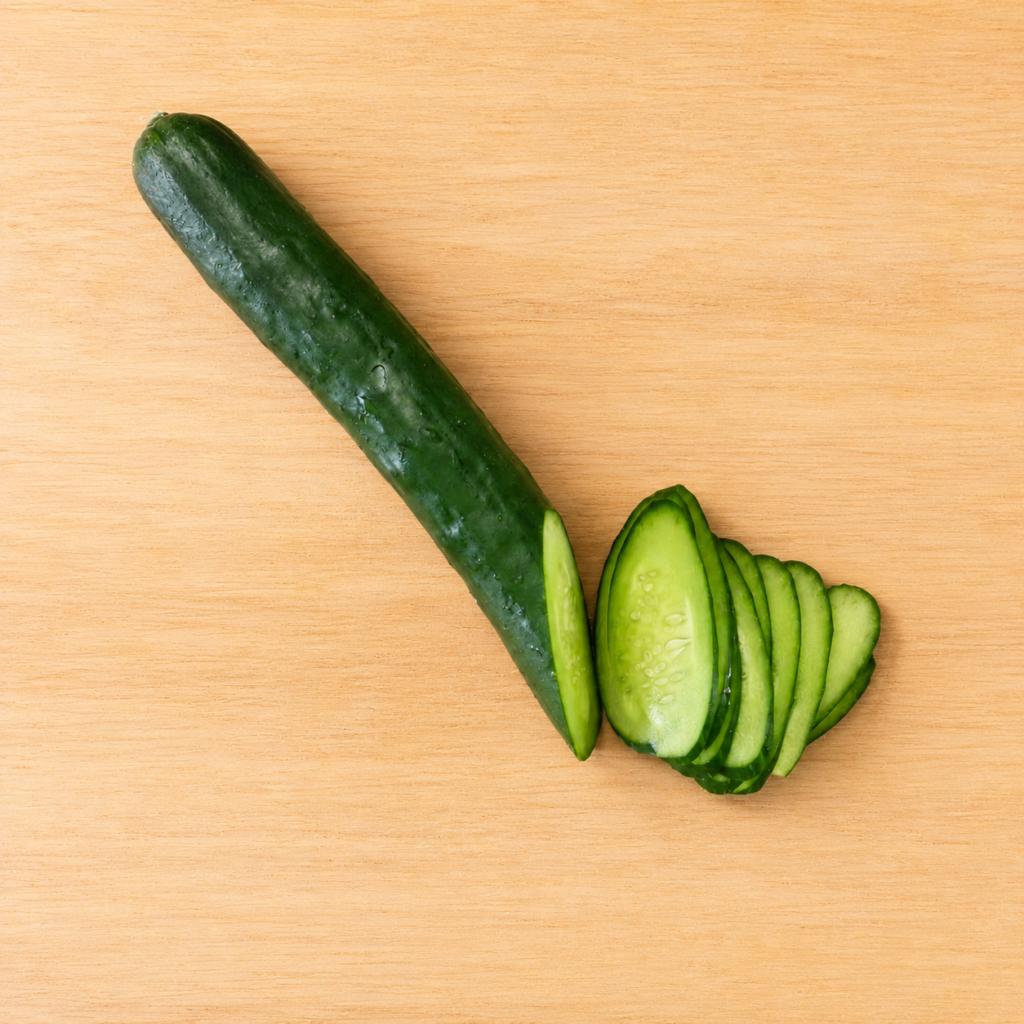 Cucumber thinly sliced diagonally on a wooden cutting board