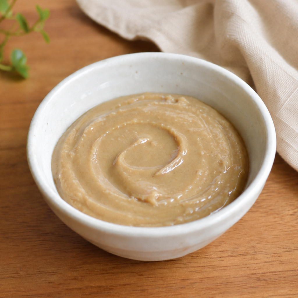 Thick beige nerigoma sesame paste in a small white ceramic bowl on a wooden table.
