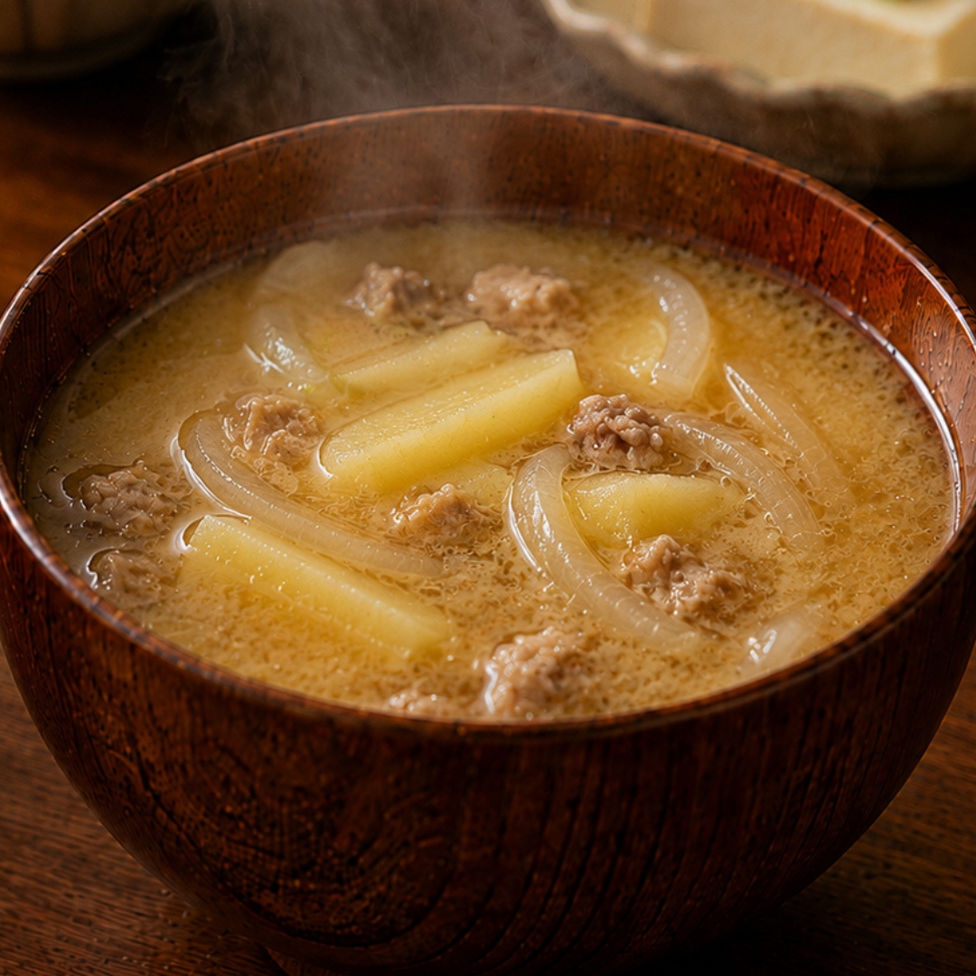 Miso soup with potato, sliced onion, and ground pork served in a wooden bowl.