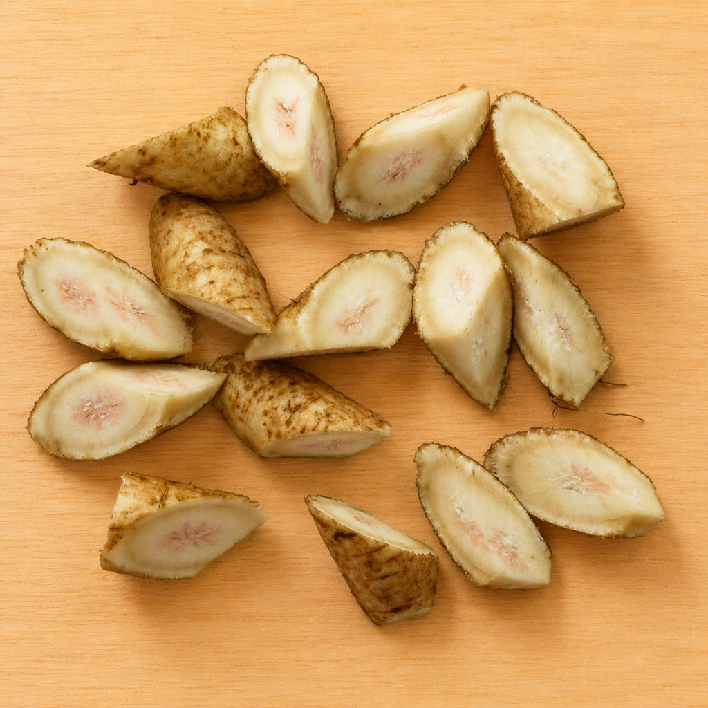Burdock root cut into irregular rolling-cut pieces using the rangiri technique