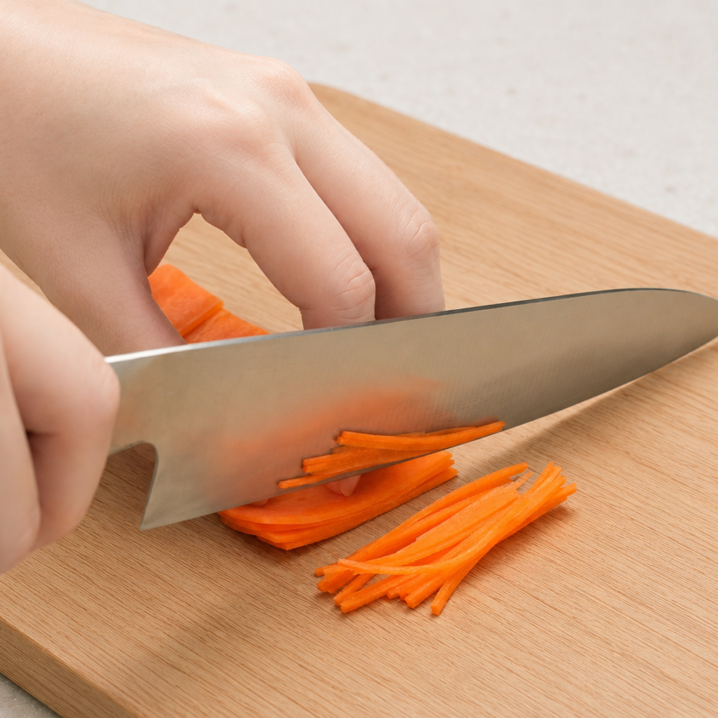 Carrot planks being cut into thin strips using the sengiri technique
