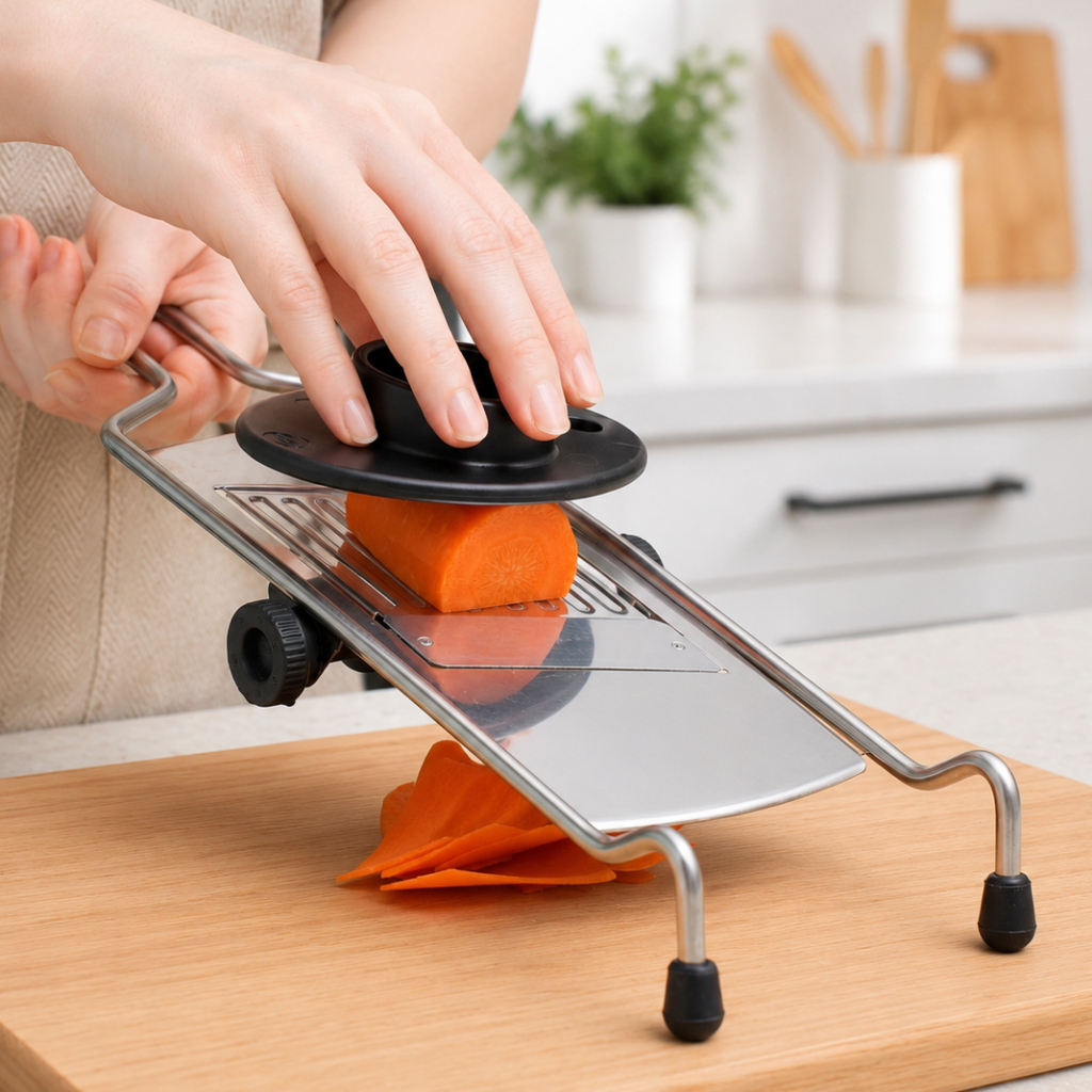 Carrot being sliced into thin planks with a mandoline for the sengiri technique