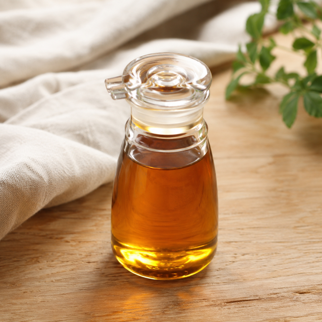 Golden sesame oil in a small clear glass bottle on a wooden table.