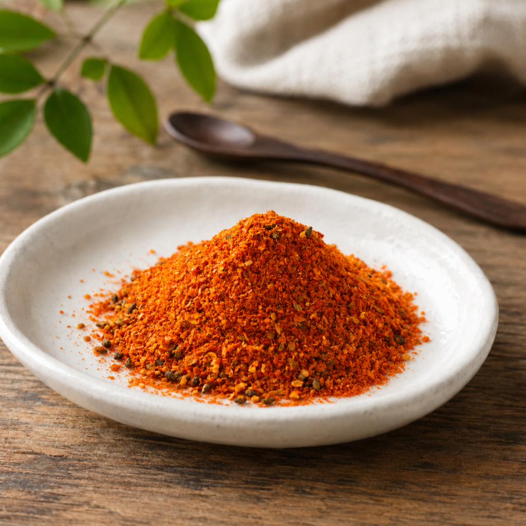 Shichimi togarashi Japanese seven-spice blend in a small ceramic dish.