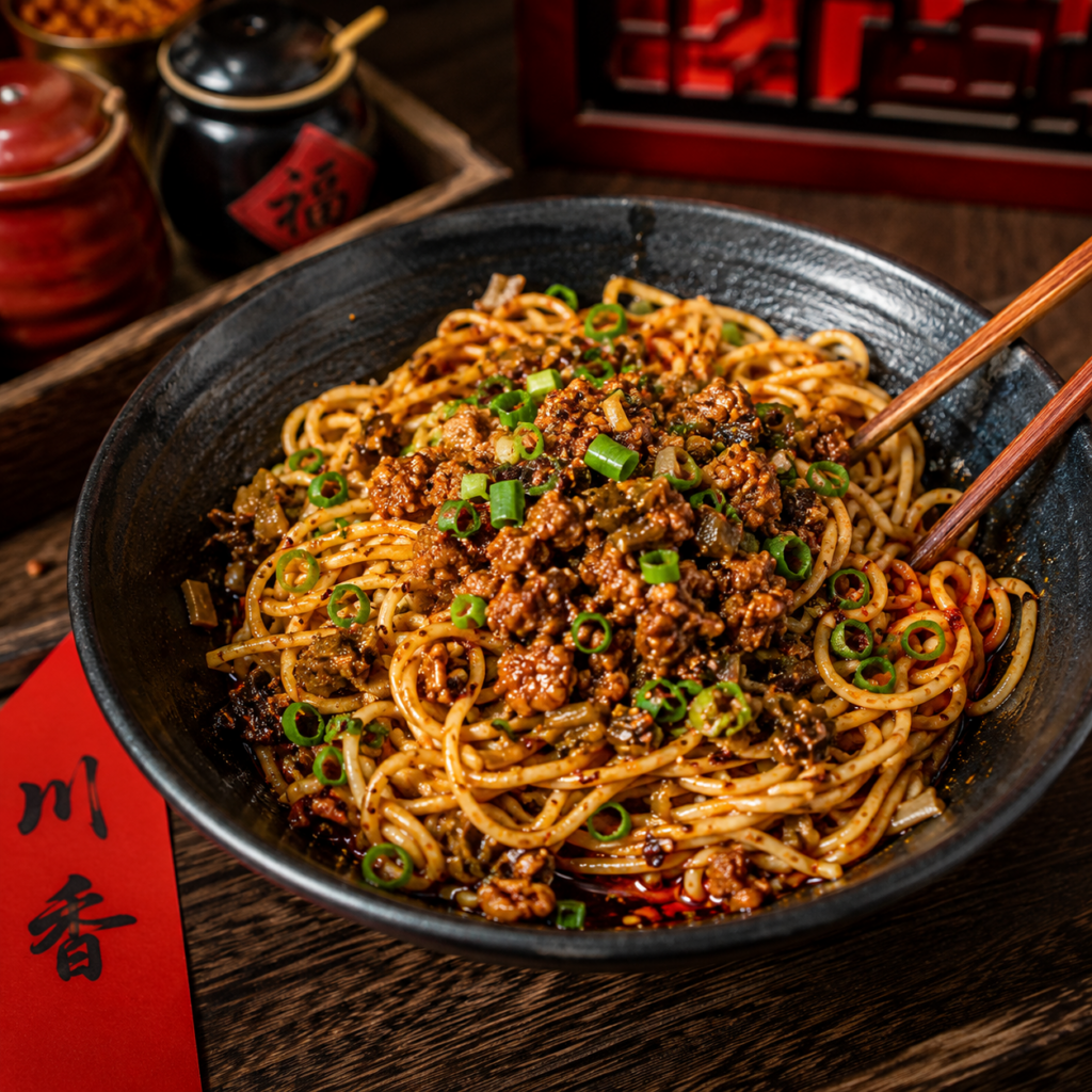 Traditional Sichuan dan dan noodles with spicy sauce, seasoned ground pork, and green onions