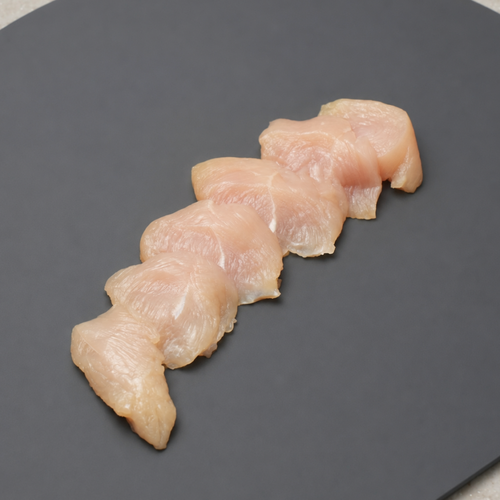 Chicken tenderloin cut into thin diagonal slices using the sogigiri technique