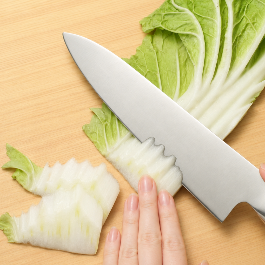 Napa cabbage being cut into thin diagonal slices using the sogigiri technique