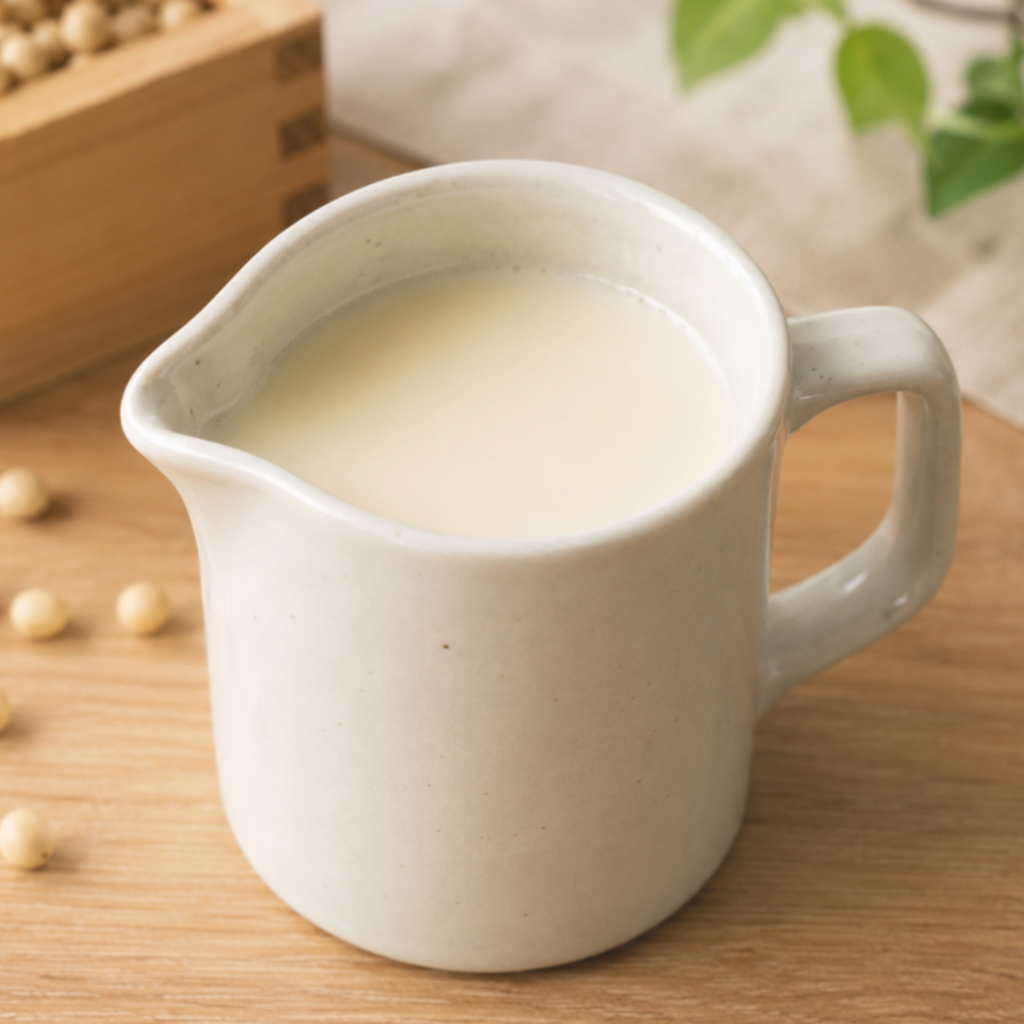 Soy milk in a small white ceramic pitcher on a wooden table.