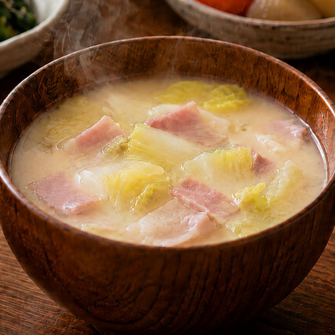 Soy milk miso soup with napa cabbage and bacon served in a wooden bowl.
