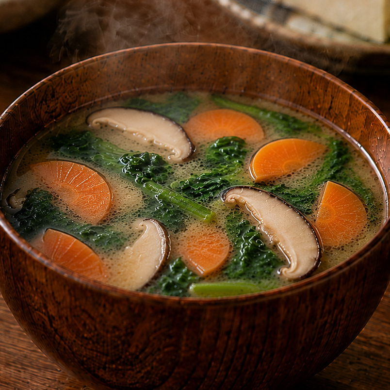 Miso soup with spinach, carrot, and sliced shiitake mushrooms served in a wooden bowl.