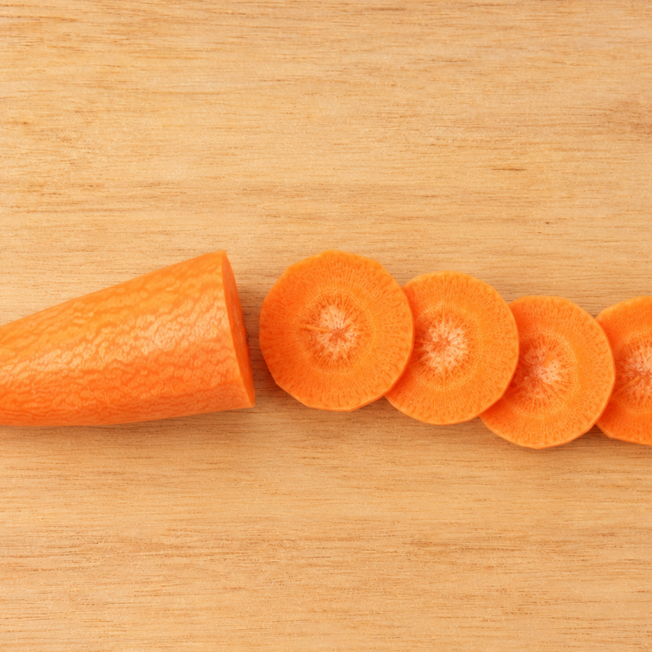 Carrot cut crosswise into round slices on a wooden cutting board