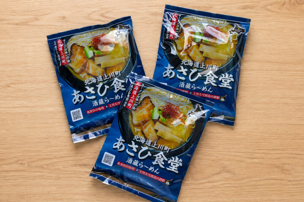 Packaged Kamikawa Ramen dried noodles by Miwa Shoji, based on the ramen from Asahi Shokudo in Kamikawa, Hokkaido.