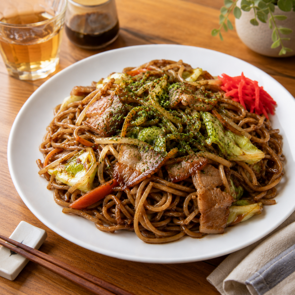 Classic sauce yakisoba with pork, cabbage, carrots, bean sprouts, aonori, and red pickled ginger