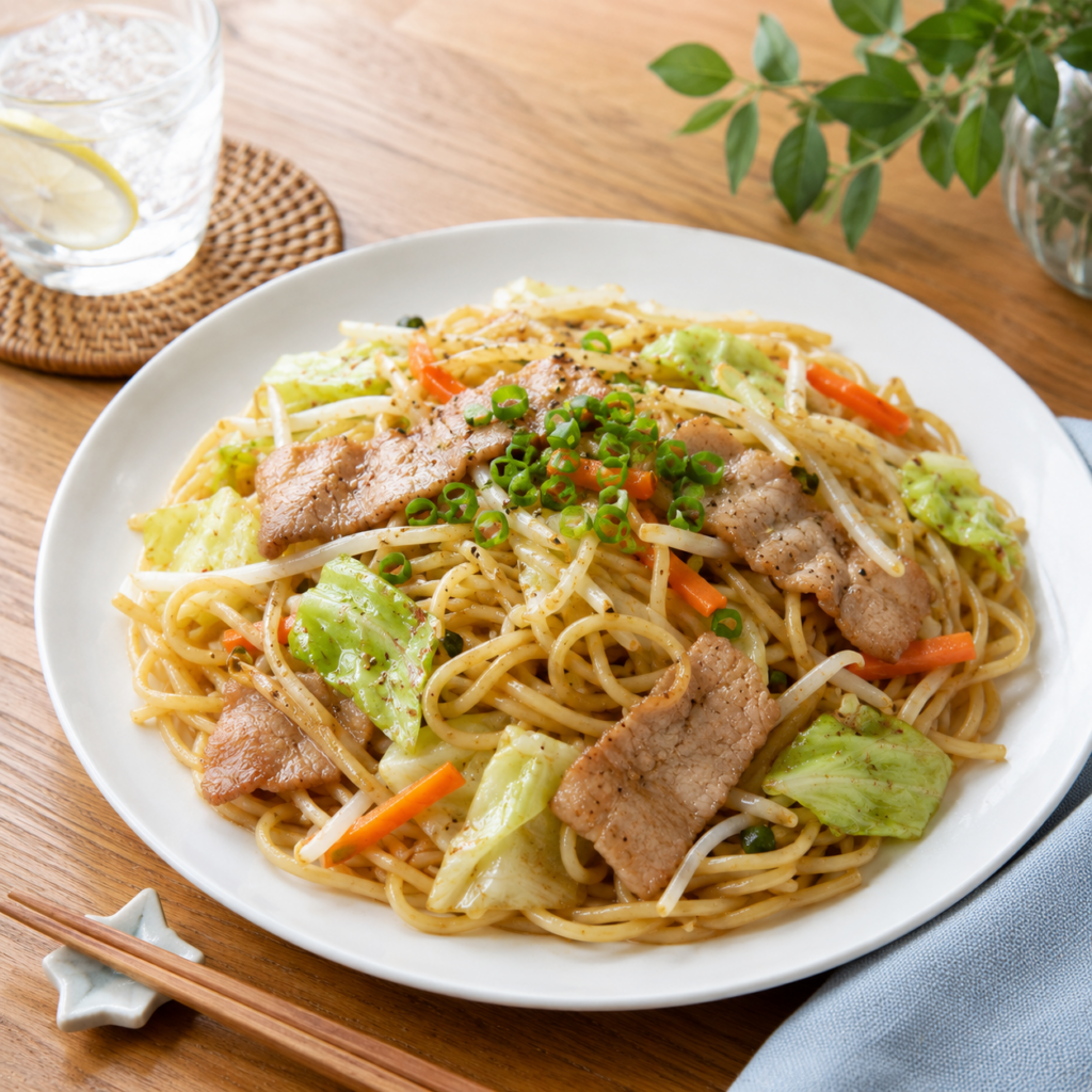 Shio yakisoba with pork, cabbage, carrots, bean sprouts, and green onion on a white plate