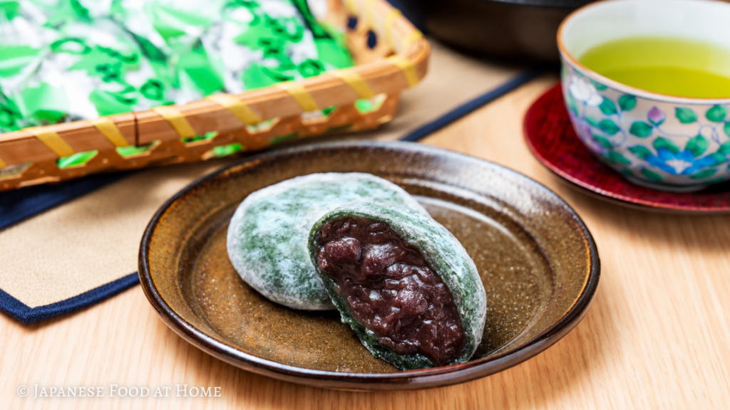 Yomogi no Sato, a mugwort mochi sweet filled with red bean paste from Himeya Seipan Kashiho in Kamikawa, Hokkaido