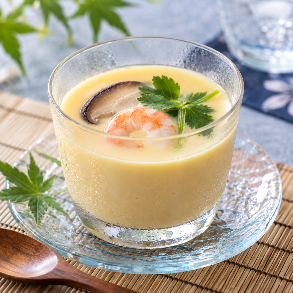 Chilled Japanese chawanmushi served in a clear glass cup with shrimp, shiitake mushroom, and mitsuba.