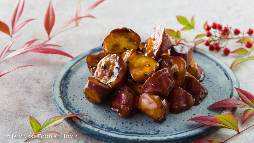 Daigaku imo, Japanese candied sweet potatoes coated in glossy syrup and sprinkled with black sesame seeds