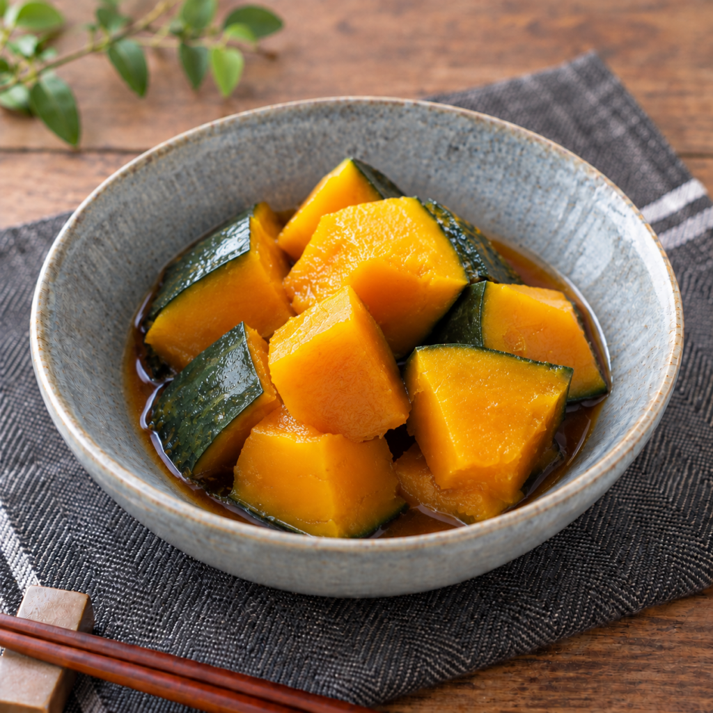 Japanese simmered kabocha squash with dark green skin and bright orange flesh, served in a blue-gray ceramic bowl with a sweet and savory broth.