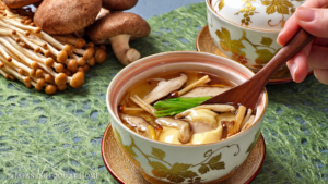 Japanese mushroom chawanmushi topped with a glossy yuzu ankake sauce, featuring shiitake and enoki mushrooms, with a spoon revealing the silky egg custard.