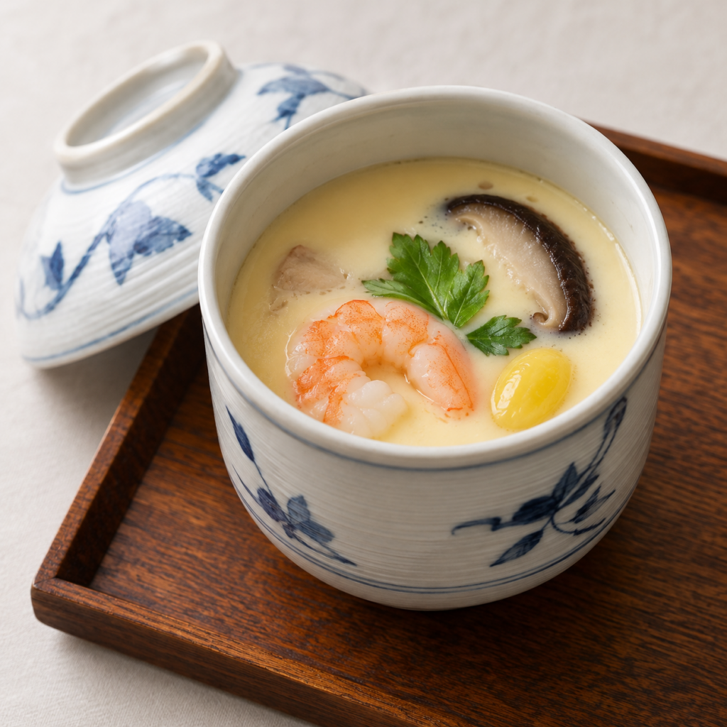 Traditional Japanese chawanmushi served warm in a ceramic cup, topped with shrimp, shiitake mushroom, and mitsuba.